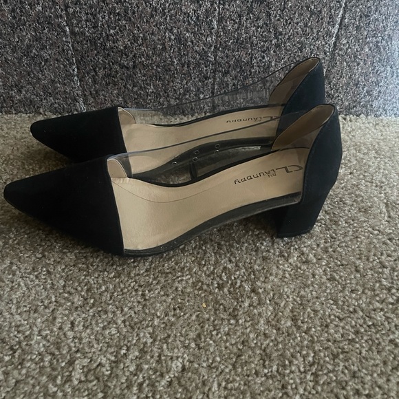CL by LAUNDRY black suede and clear pointy toe 2in block heels size 9 wide - Picture 4 of 4